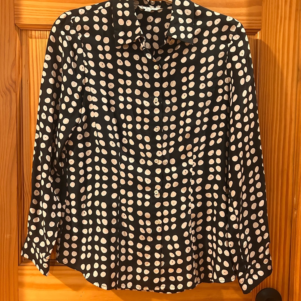 CAbi silky Black and Cream Polka Dot Blouse